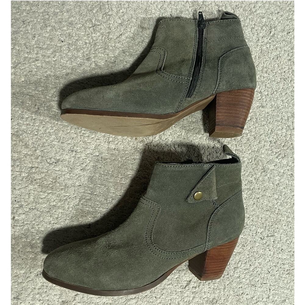 Diba Ankle Boots Womens Sz 9 M Leather Suede Stacked Heel Booties Green Side Zip